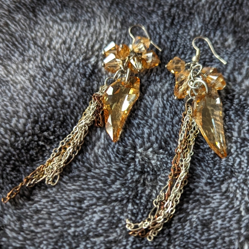 Citrine colored cluster and chain dangle earrings
